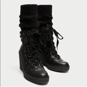 ZARA Lace Up Leather Wedge Stud Combat Boots